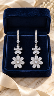 CZ Double Floral Drop Earrings - Aaryahi Silver jewellery product photo
