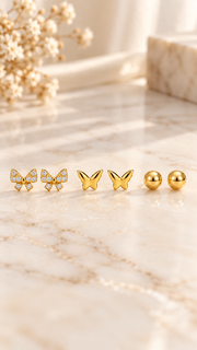 Butterfly & Ball Stud Earrings Set of 3 Pairsated - Aaryahi Silver jewellery product photo