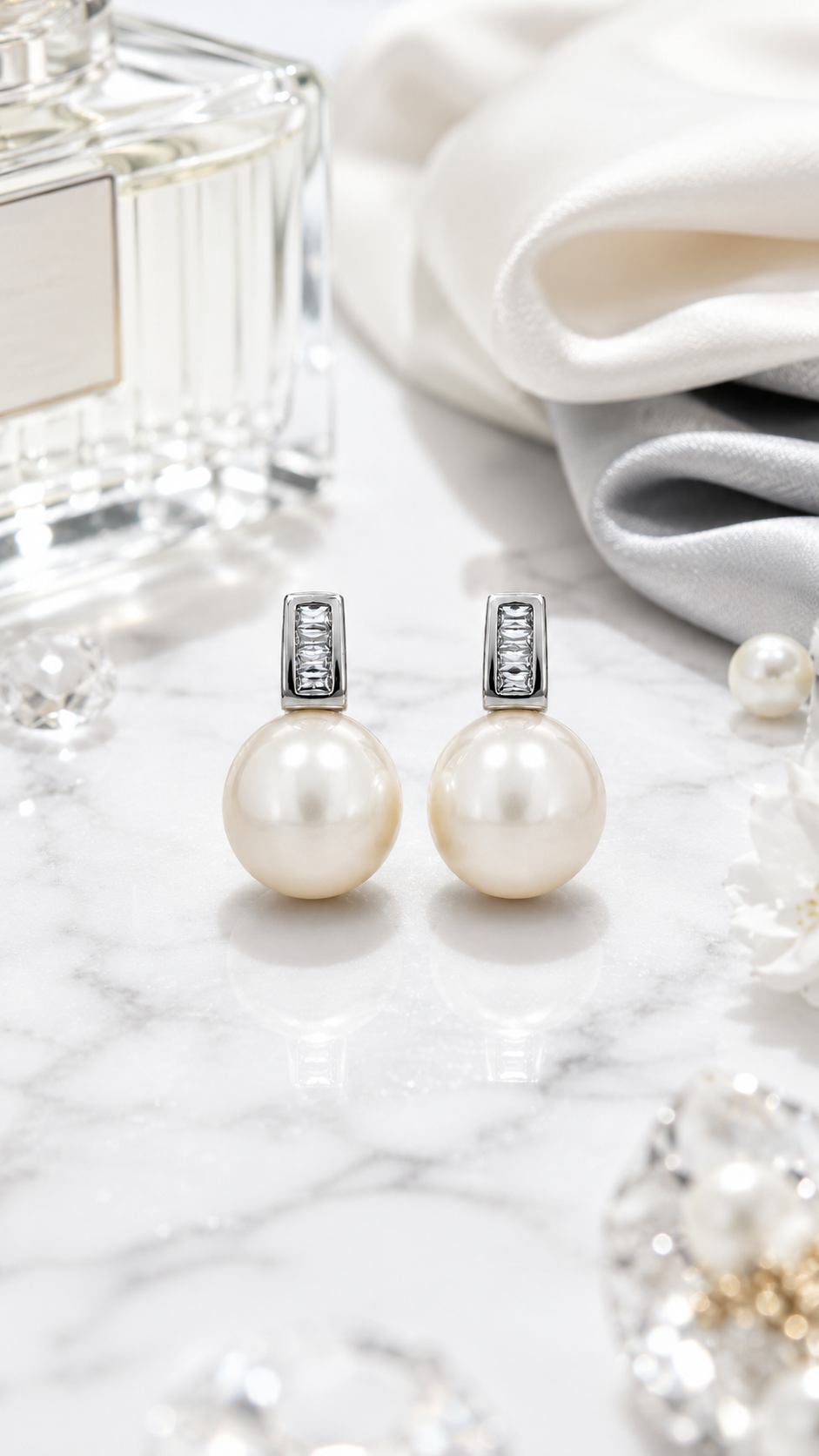 Silver Baguette CZ & Pearl Drop Stud Earrings for Women