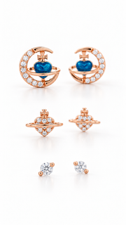 Blue Heart Planet, Heart Saturn & Solitaire Earrings Set - Aaryahi Silver jewellery product photo