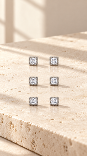 Princess Square Solitaire Stud Earrings Set – 3 Sizes - Aaryahi Silver jewellery product photo