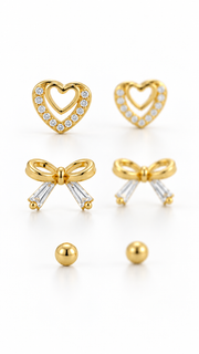 Gold CZ Heart, Bow & Ball Stud Earrings Set - Aaryahi Silver jewellery product photo
