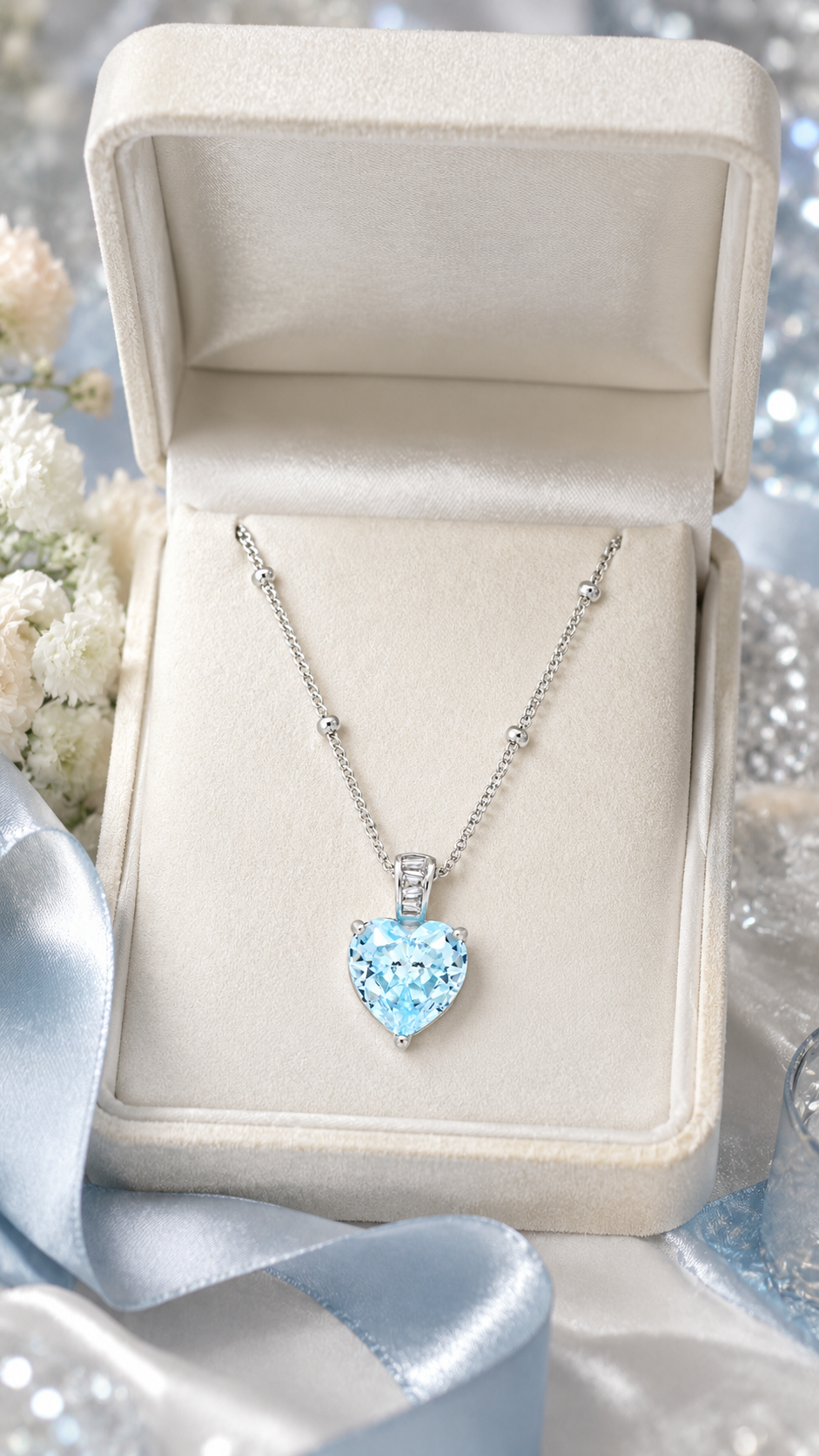 Elegant Silver Blue Heart Solitaire Pendant Necklace
