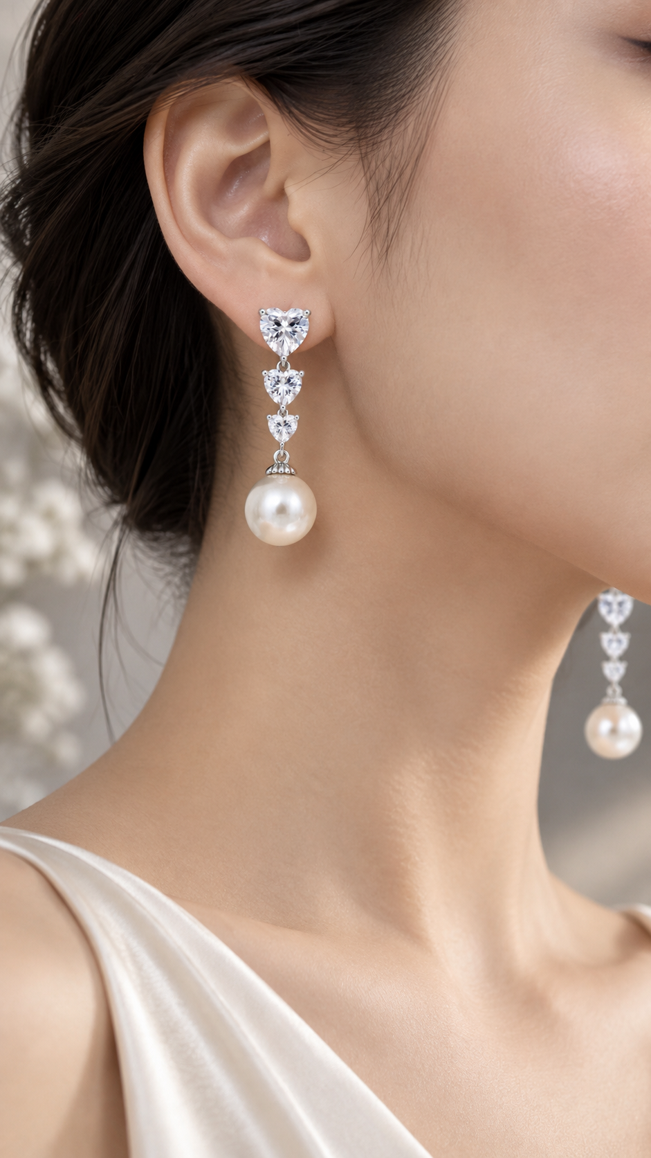 Triple Heart Pearl Drop Earrings