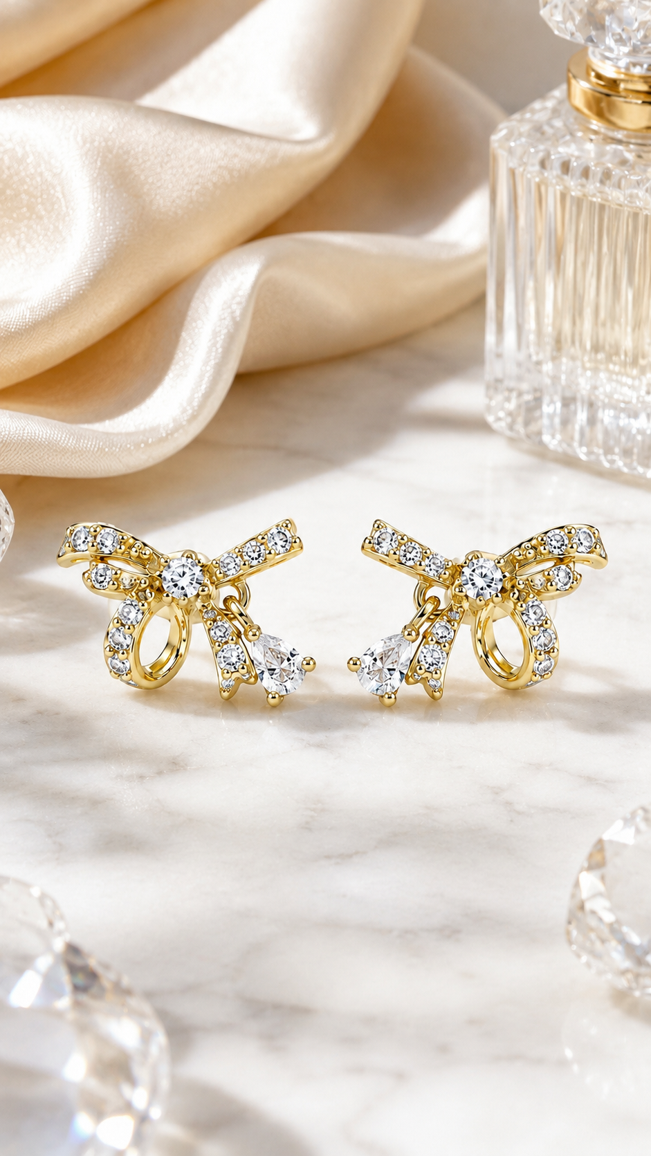 Gold-Plated CZ Bow Knot Drop Stud Earrings for Women