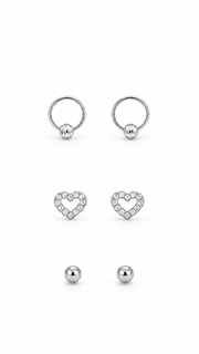 Beaded Hoop, CZ Open Heart & Ball Stud Earrings Set - Aaryahi Silver jewellery product photo