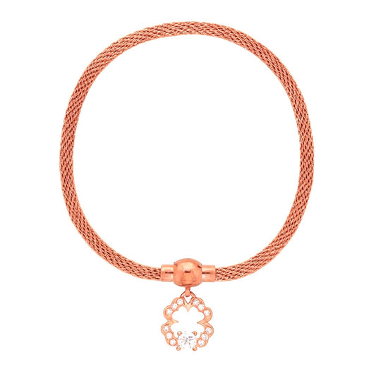 Rose Gold Mesh Bracelet with Floral Zircon Charm for Women