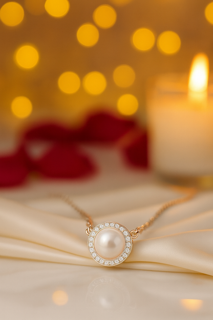 Round Pearl Zircon Pendant Necklace for Women 925 Silver Finish Elegant Daily and Party Wear Chain