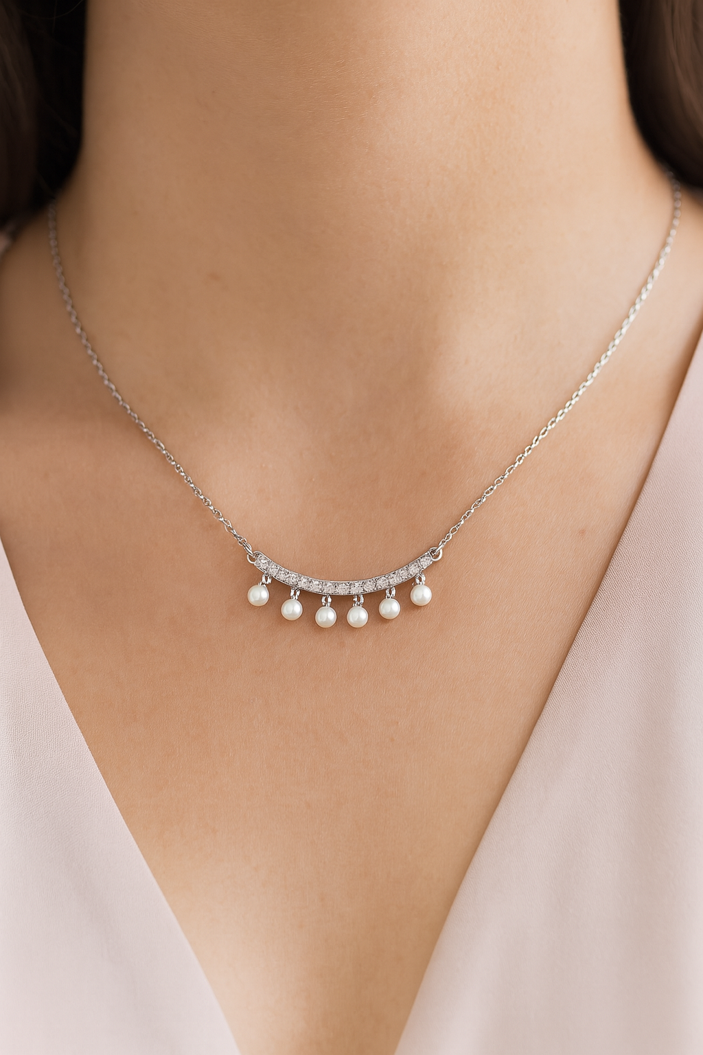 Pearl Drop Zircon Necklace for Women 925 Silver Finish Elegant Chain Pendant for Daily and Party Wear