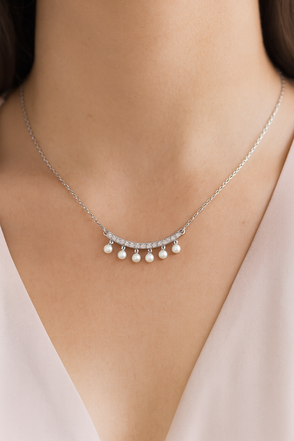 Pearl Drop Zircon Necklace for Women 925 Silver Finish Elegant Chain Pendant for Daily and Party Wear