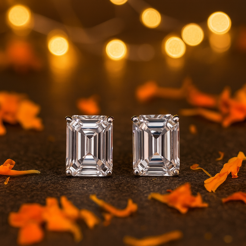 Emerald Cut Diamond-Look Stud Earrings for Women | Silver Plated CZ Earrings Daily Wear