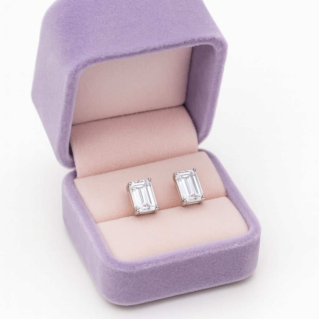 Emerald Cut Diamond-Look Stud Earrings for Women | Silver Plated CZ Earrings Daily Wear