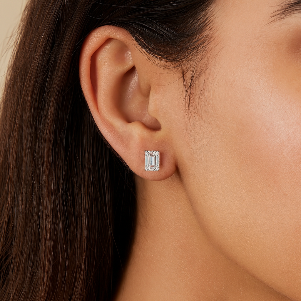 Emerald Cut Diamond-Look Stud Earrings for Women | Silver Plated CZ Earrings Daily Wear