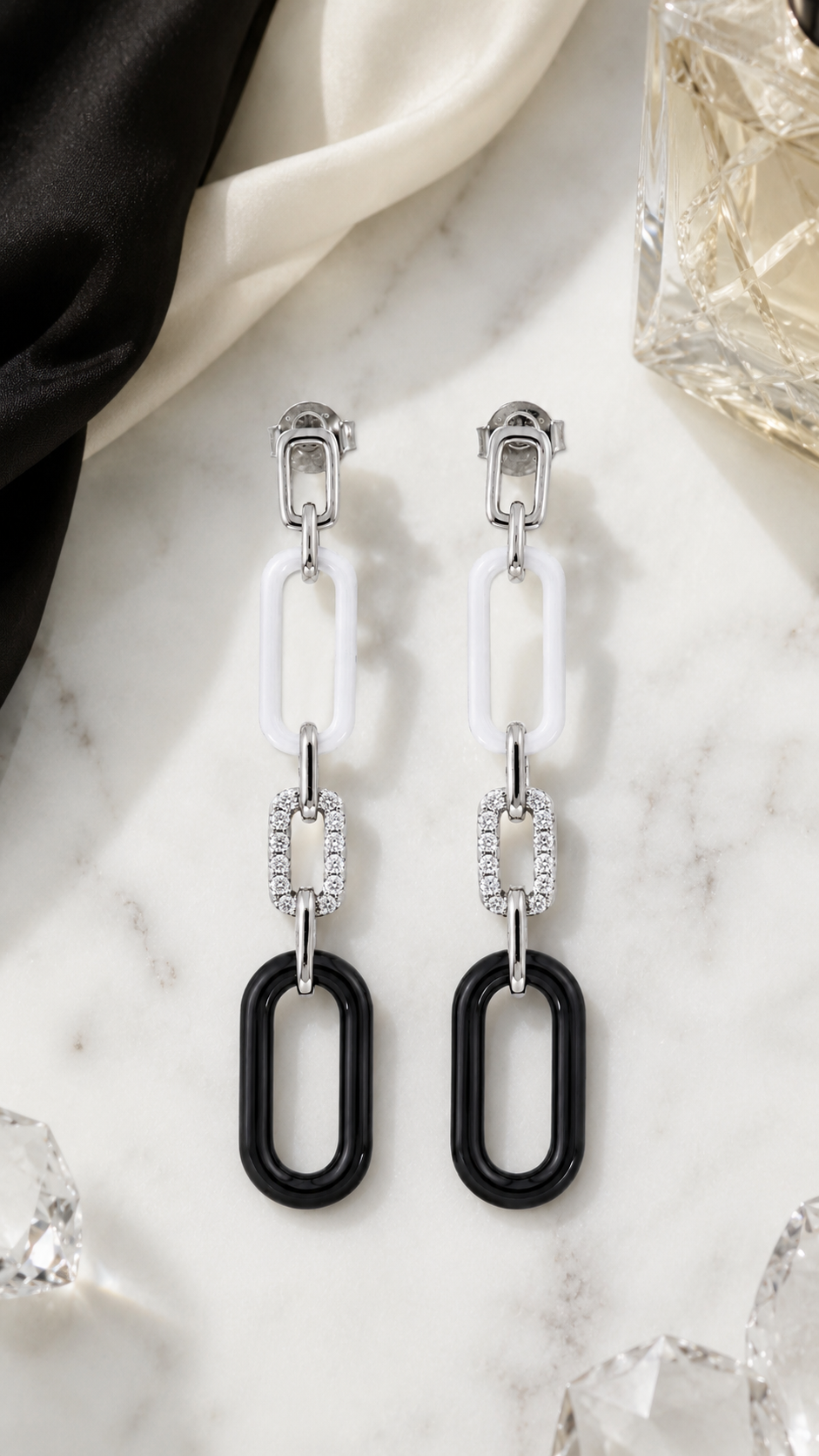 Black & White Geometric Link Long Earrings