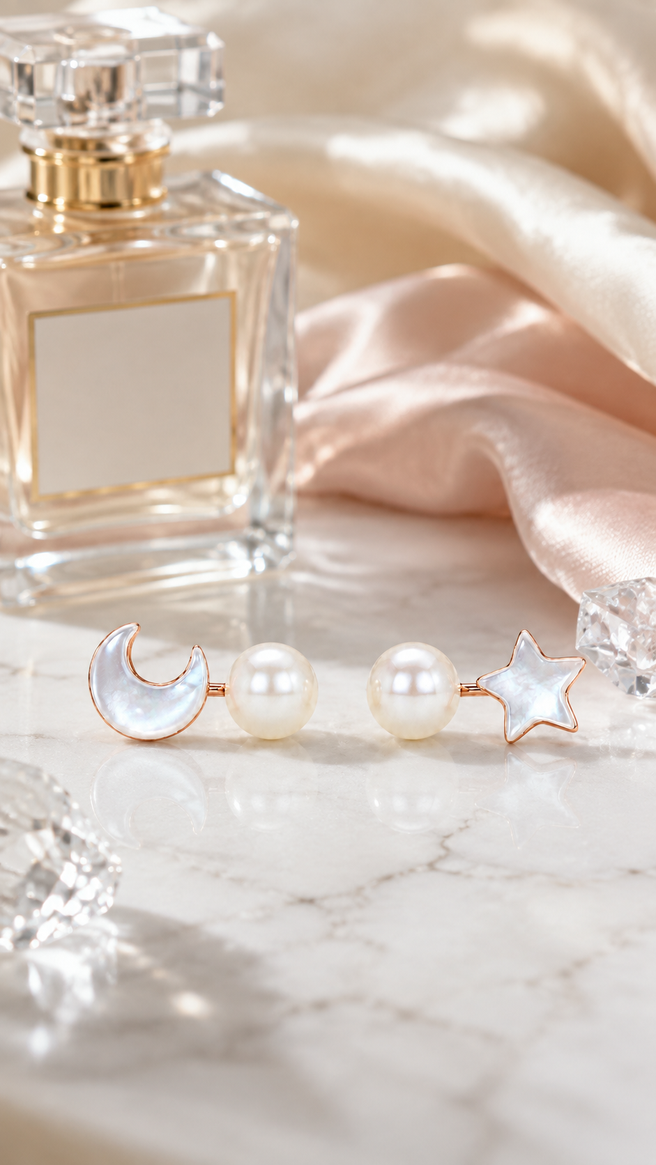 Rose Gold Moon & Star Pearl Stud Earrings