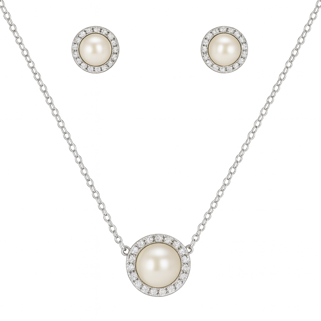 925 Silver Pearl Pendant Necklace & Earrings Set for Women – Elegant Halo CZ Design