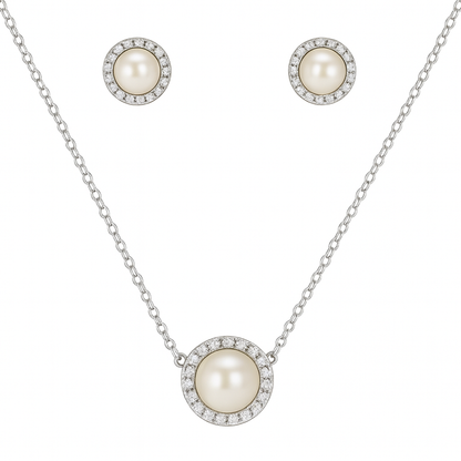 925 Silver Pearl Pendant Necklace & Earrings Set for Women – Elegant Halo CZ Design