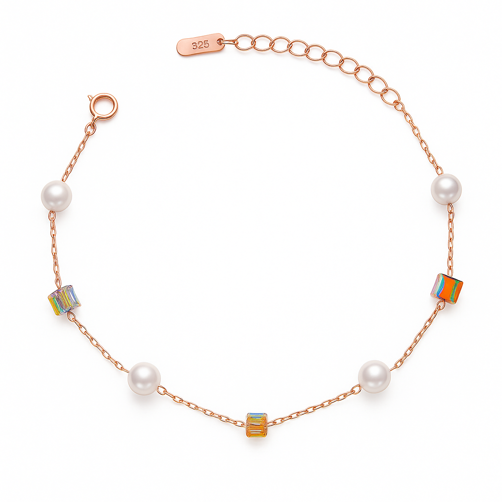 Silver Pearl & Crystal Cube Charm Bracelet for Women