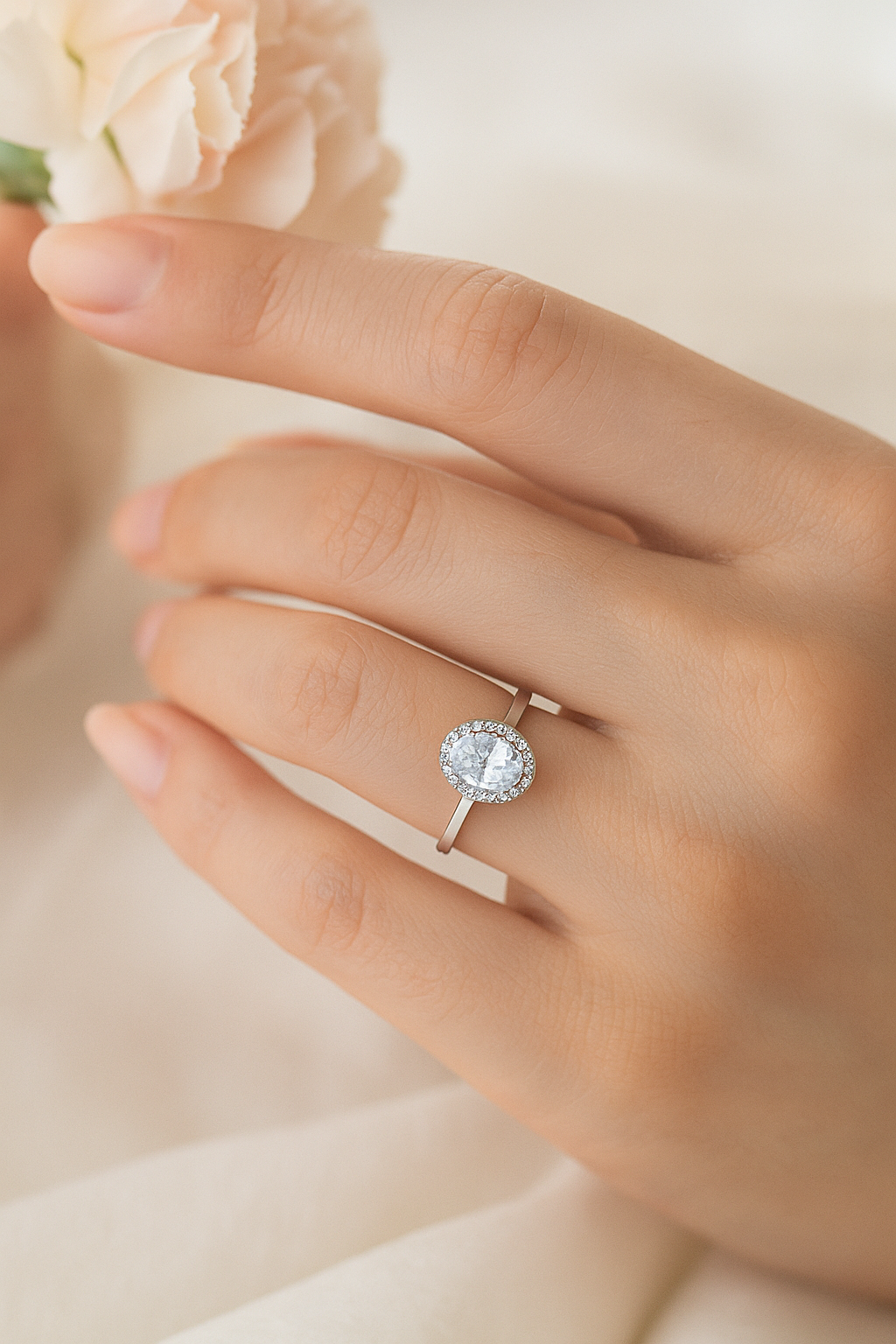 925 Silver Oval Halo Zircon Solitaire Ring for Women – Elegant Party & Daily Wear