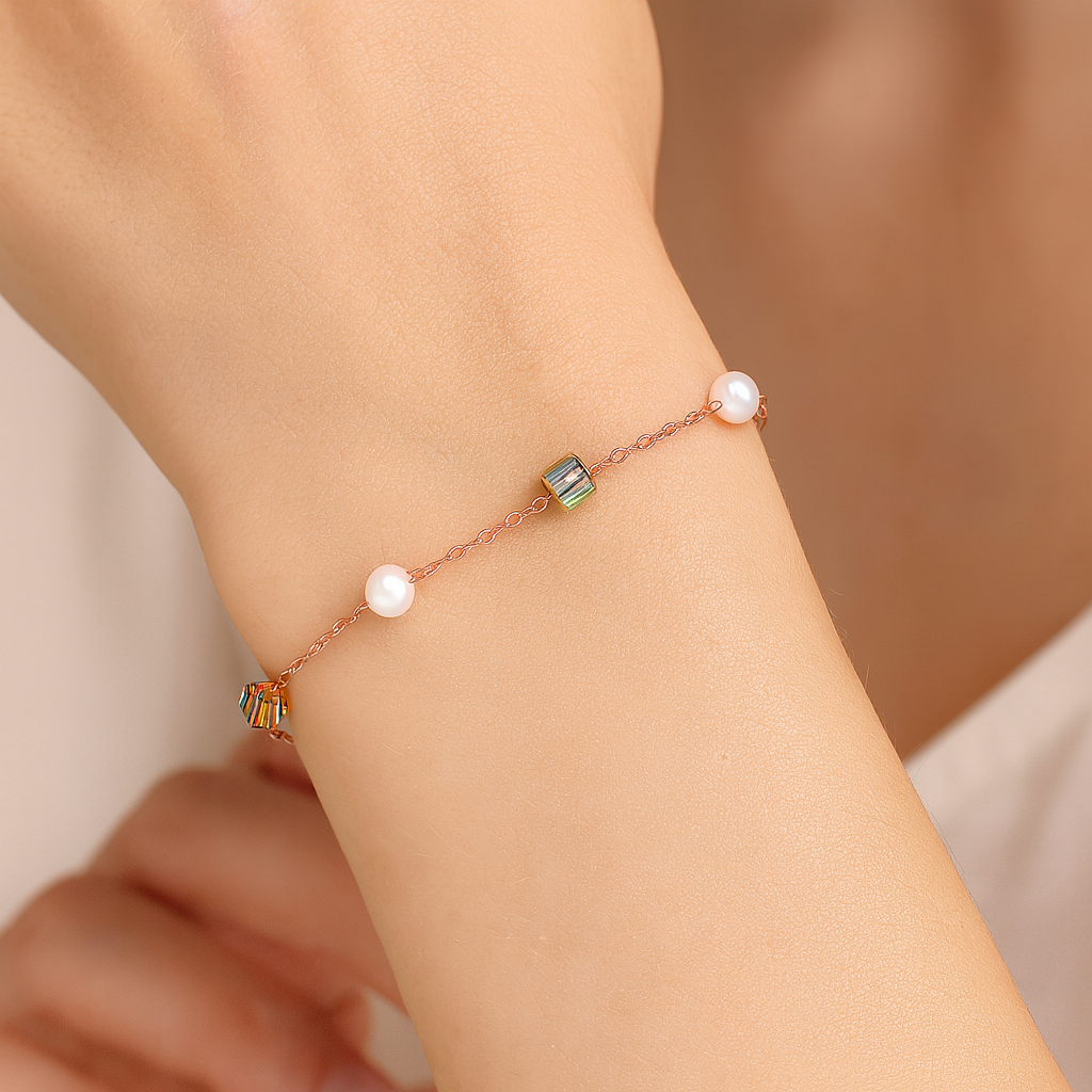 Silver Pearl & Crystal Cube Charm Bracelet for Women