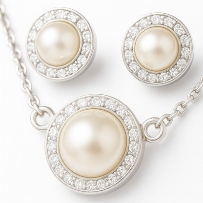 925 Silver Pearl Pendant Necklace & Earrings Set for Women – Elegant Halo CZ Design