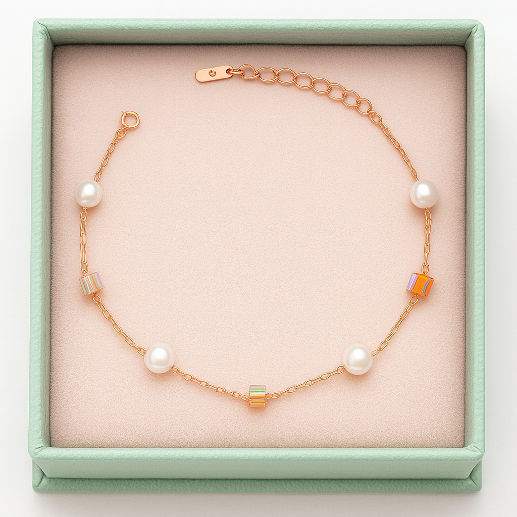 Silver Pearl & Crystal Cube Charm Bracelet for Women