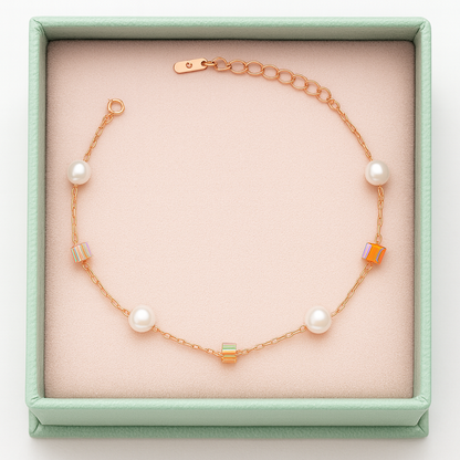 Silver Pearl & Crystal Cube Charm Bracelet for Women