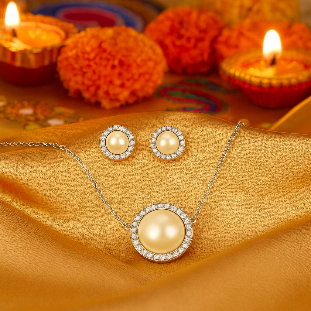 925 Silver Pearl Pendant Necklace & Earrings Set for Women – Elegant Halo CZ Design