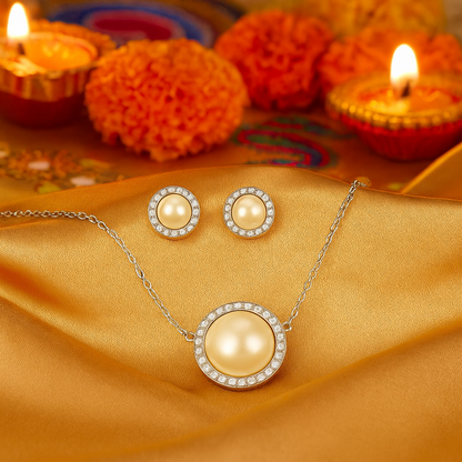 925 Silver Pearl Pendant Necklace & Earrings Set for Women – Elegant Halo CZ Design