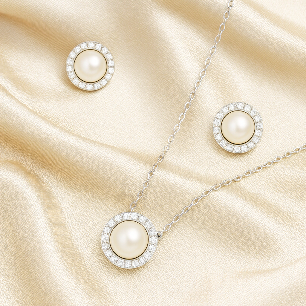 925 Silver Pearl Pendant Necklace & Earrings Set for Women – Elegant Halo CZ Design