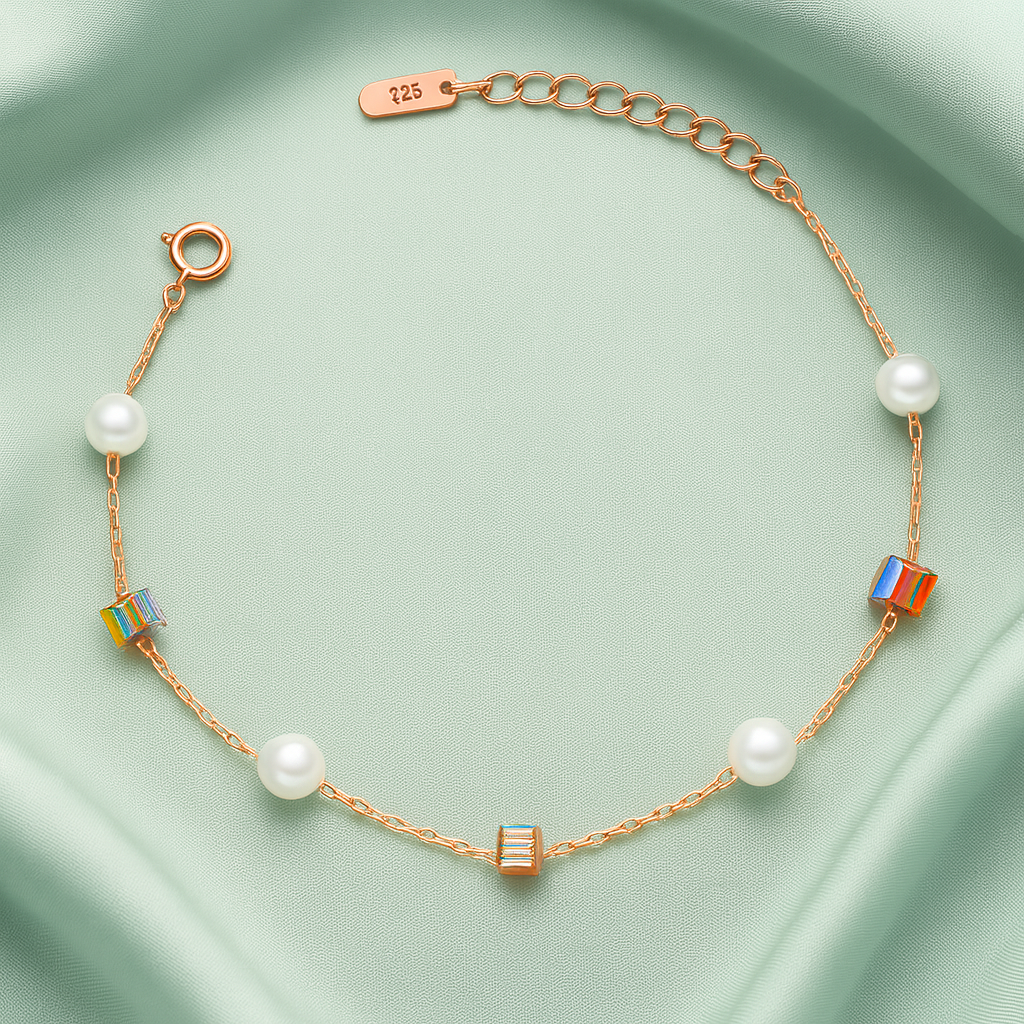 Silver Pearl & Crystal Cube Charm Bracelet for Women