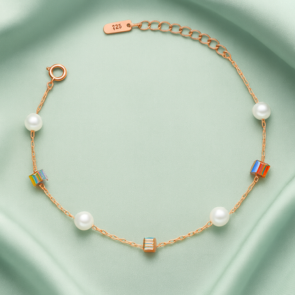 Silver Pearl & Crystal Cube Charm Bracelet for Women