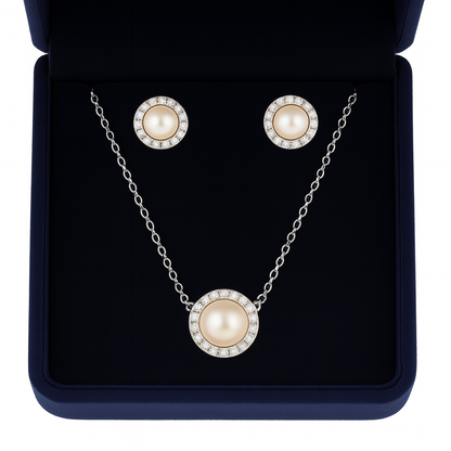 925 Silver Pearl Pendant Necklace & Earrings Set for Women – Elegant Halo CZ Design