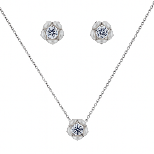 925 Silver Floral CZ Pendant Necklace & Earrings Set for Women – Elegant Everyday Jewelry