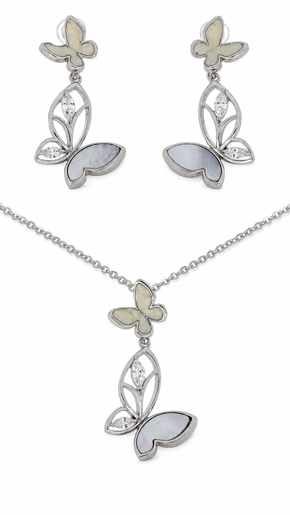 Elegant Silver Mother of Pearl Butterfly Pendant Necklace & Drop Earrings Jewelry Set