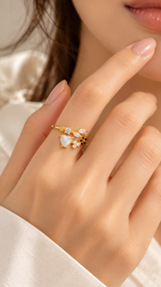 Gold Mother of Pearl Heart Floral Adjustable Ring