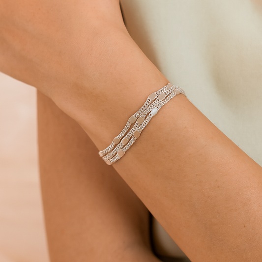 Silver Multi-Layer Textured Chain Bracelet for Women