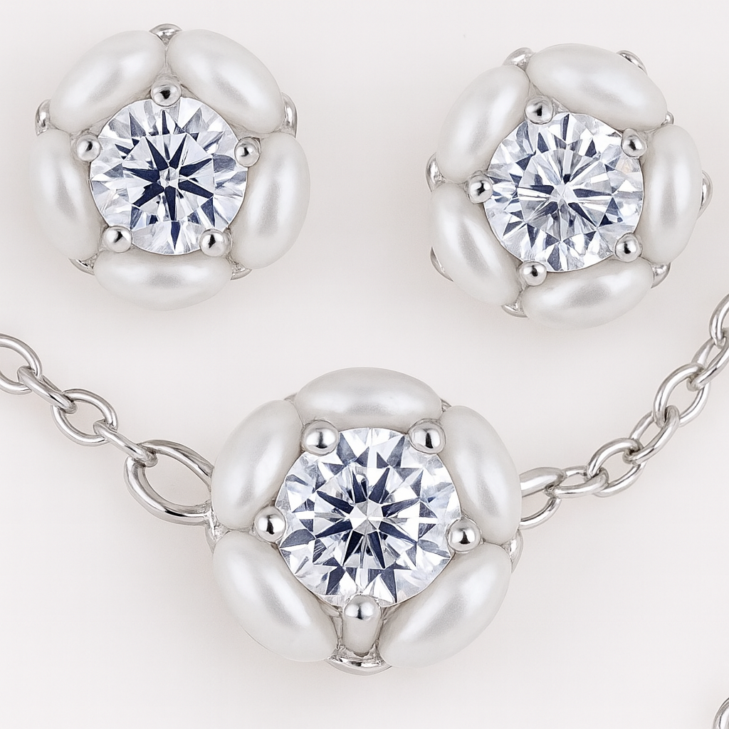 925 Silver Floral CZ Pendant Necklace & Earrings Set for Women – Elegant Everyday Jewelry