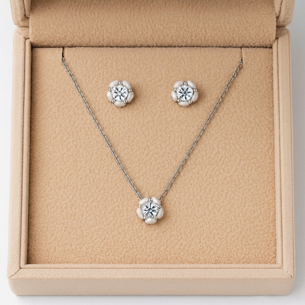 925 Silver Floral CZ Pendant Necklace & Earrings Set for Women – Elegant Everyday Jewelry