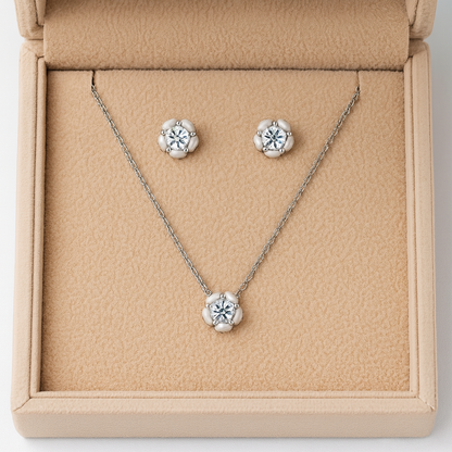925 Silver Floral CZ Pendant Necklace & Earrings Set for Women – Elegant Everyday Jewelry