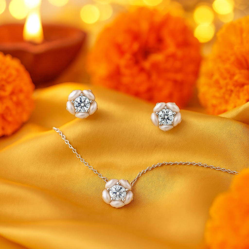 925 Silver Floral CZ Pendant Necklace & Earrings Set for Women – Elegant Everyday Jewelry