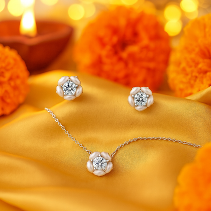 925 Silver Floral CZ Pendant Necklace & Earrings Set for Women – Elegant Everyday Jewelry