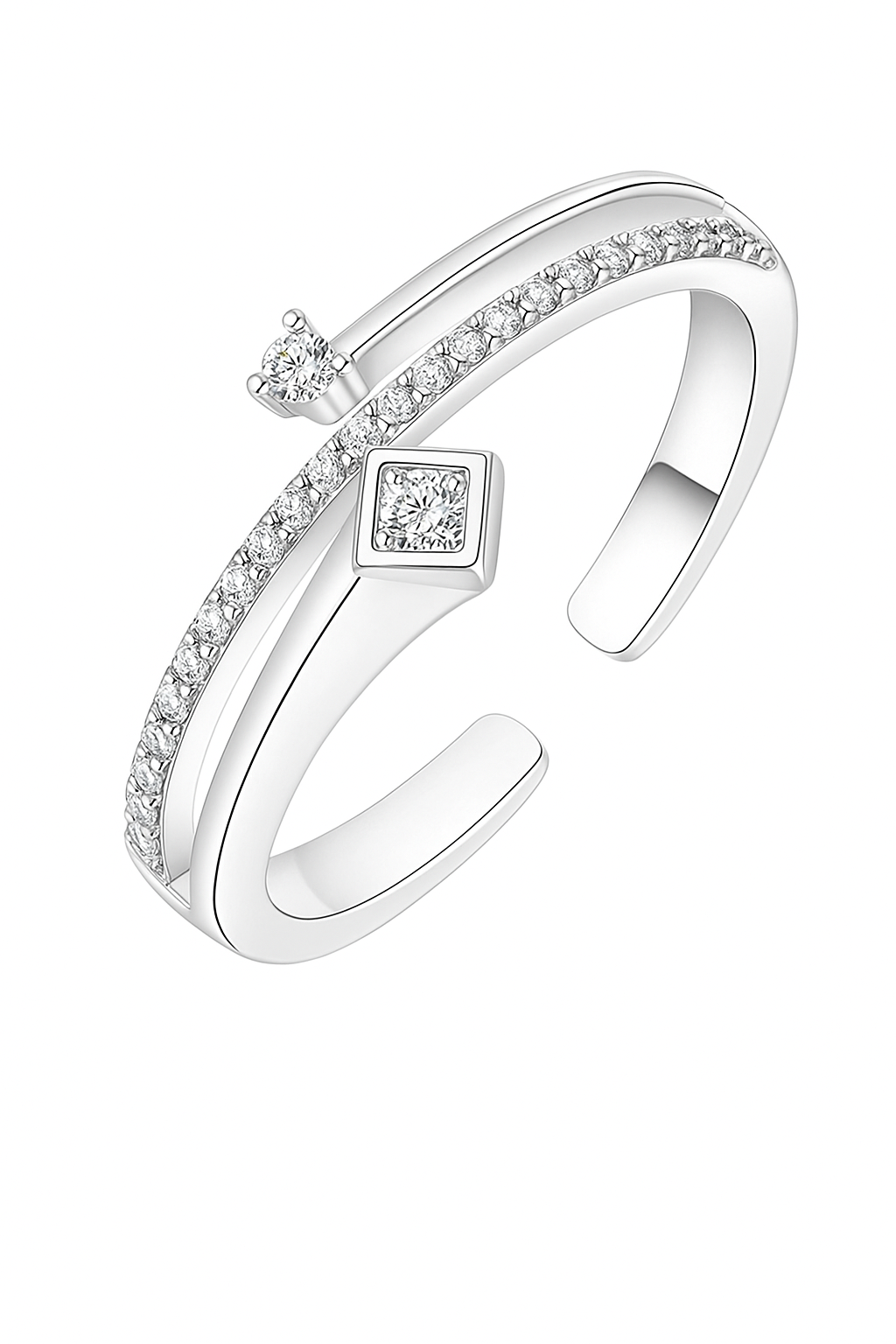 925 Silver Adjustable Dual Design Open Zircon Ring – Modern Minimalist Jewelry for Women