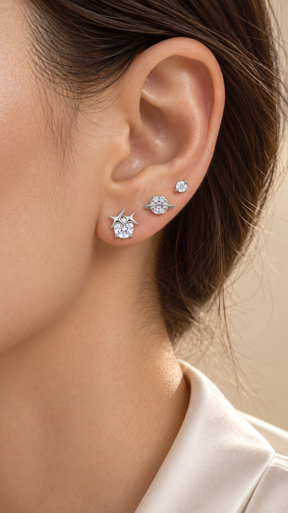 Star Heart, Saturn Planet Solitaire Stud Earrings Set - Aaryahi Silver jewellery product photo