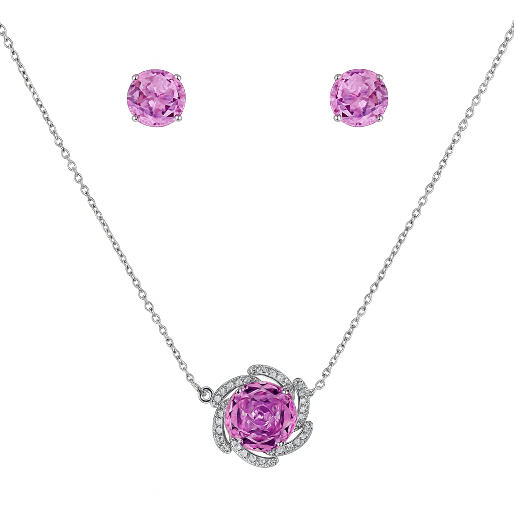 925 Silver Pink Stone Pendant Necklace & Earrings Set for Women – Sparkling CZ Floral Design