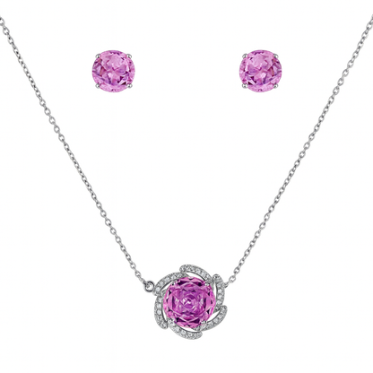 925 Silver Pink Stone Pendant Necklace & Earrings Set for Women – Sparkling CZ Floral Design