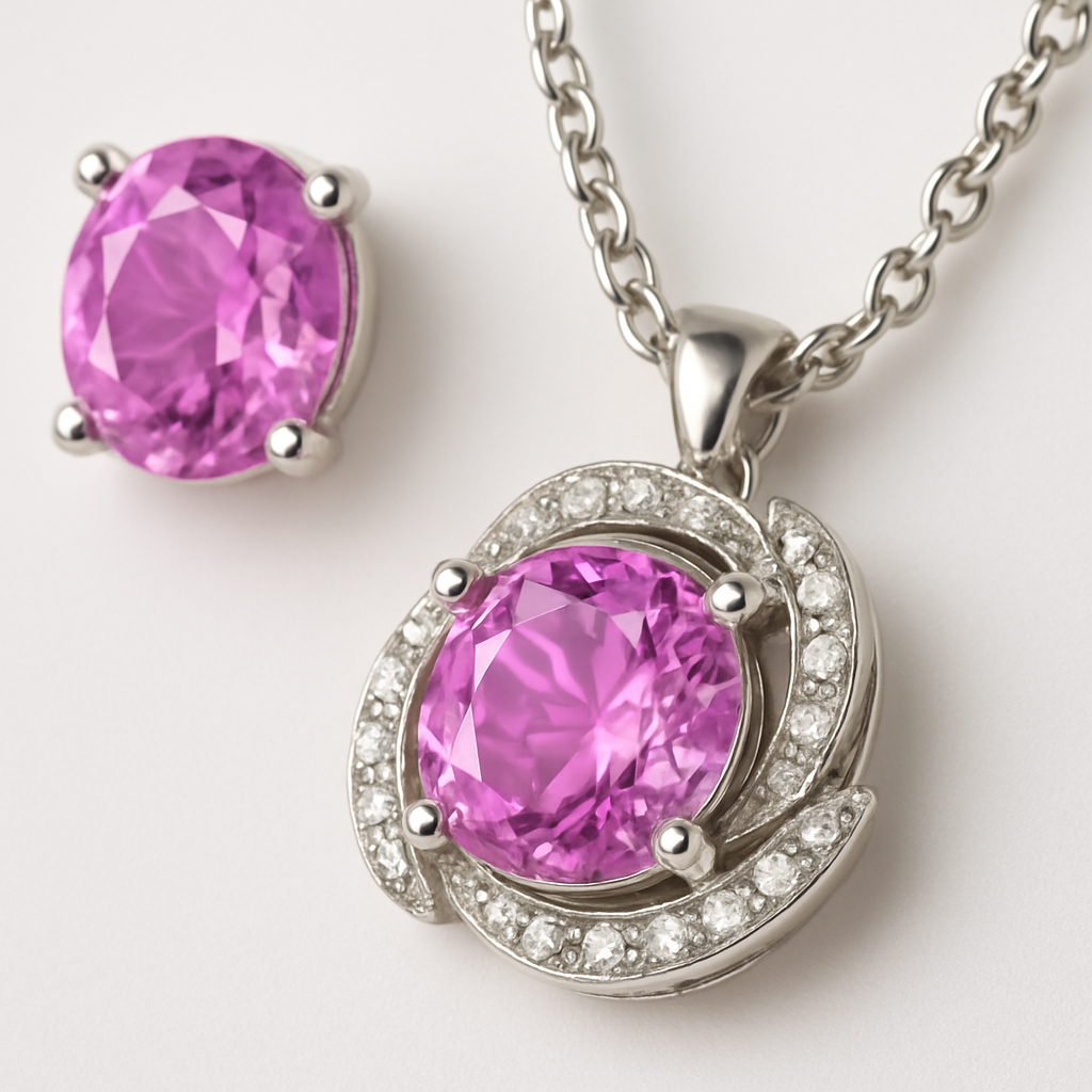 925 Silver Pink Stone Pendant Necklace & Earrings Set for Women – Sparkling CZ Floral Design