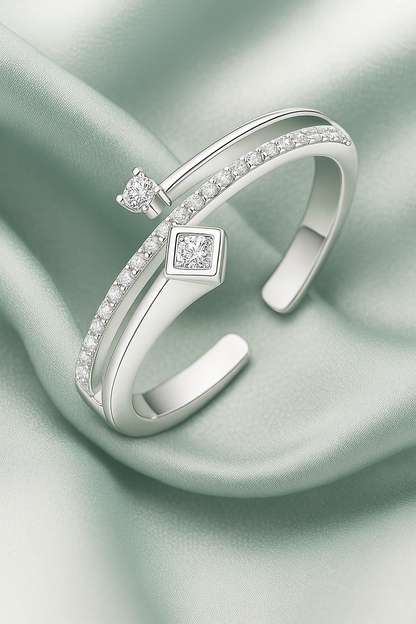925 Silver Adjustable Dual Design Open Zircon Ring – Modern Minimalist Jewelry for Women