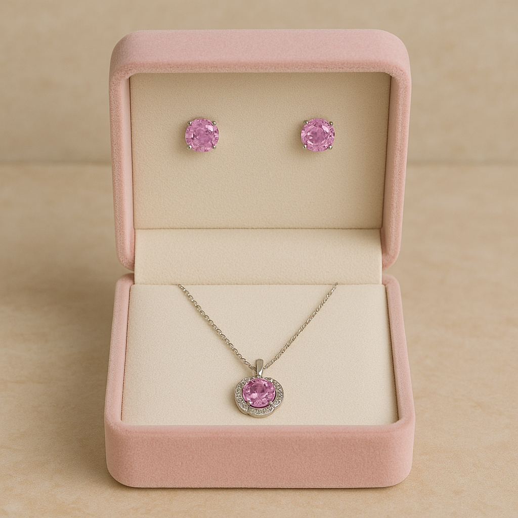 925 Silver Pink Stone Pendant Necklace & Earrings Set for Women – Sparkling CZ Floral Design