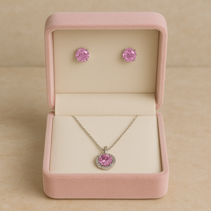925 Silver Pink Stone Pendant Necklace & Earrings Set for Women – Sparkling CZ Floral Design